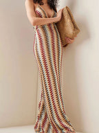 Halter V Neck Backless Boho Pattern Knit Slim-Fit Vacation Maxi Dresses-Beige