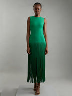 Fringe-Hem Sleeveless Knit Midi Dress