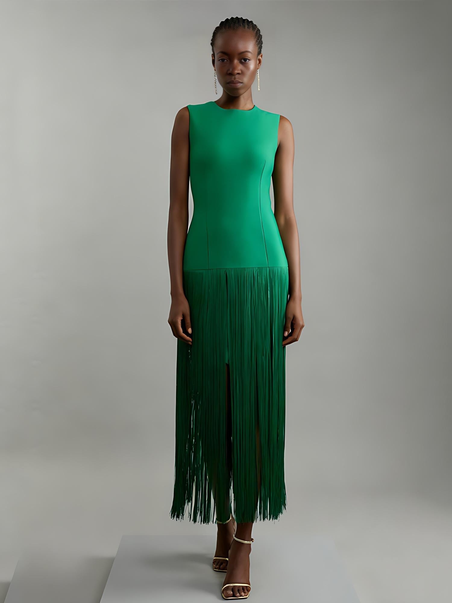 Fringe-Hem Sleeveless Knit Midi Dress