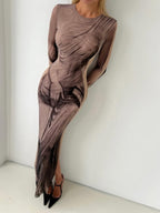 Painted-Effect Mesh Maxi Dress