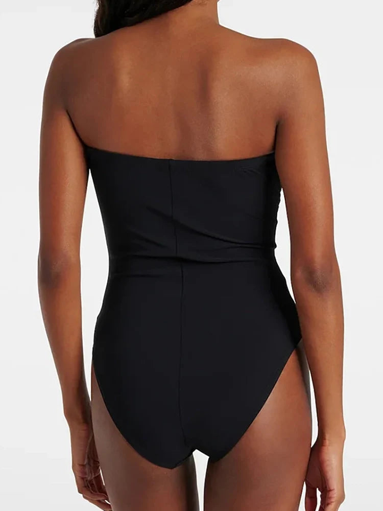 3D Floral Strapless Black Swimsuit