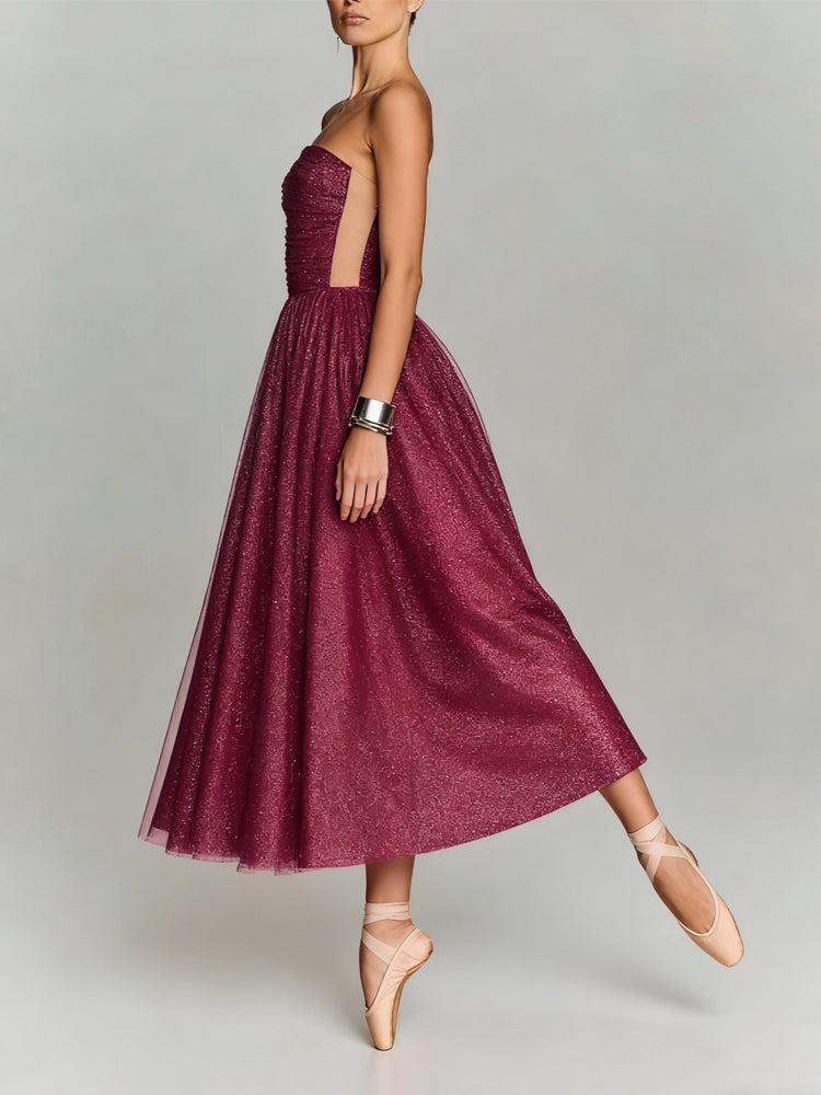 Ruched Bodice Glitter Tulle Maxi Gown With Petticoat