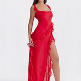 Ruffled Long Maxi Slip Dress - Red
