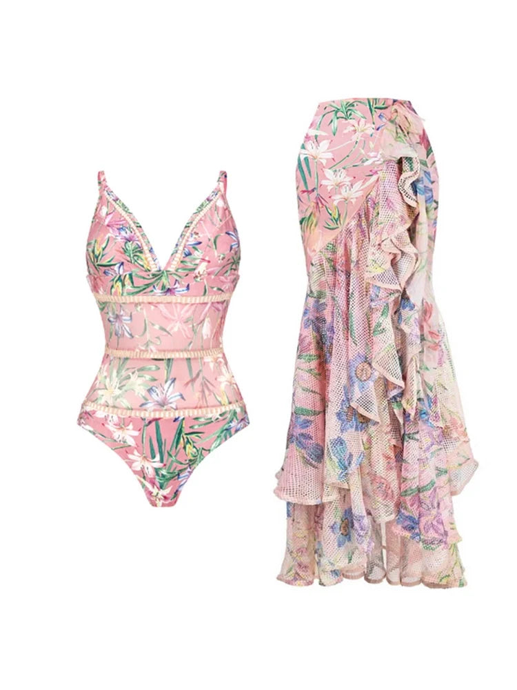 Mesh Patchwork Printed Swimsuit Set