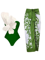 Green Swimsuit Set Pearl Floral Embellishments