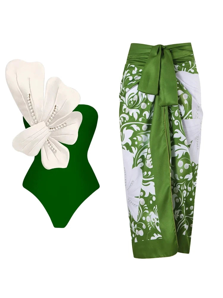 Green Swimsuit Set Pearl Floral Embellishments