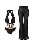 Beaded Knit Tie-String Black Bikini Set