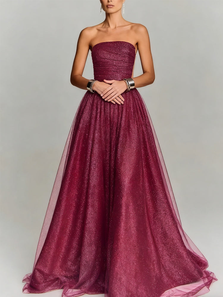 Ruched Bodice Glitter Tulle Maxi Gown With Petticoat