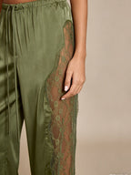 Deep Olive Satin Lace-Trim Drawstring Pants