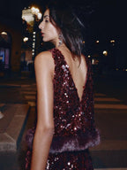 Sequined Faux Fur Hem Top & Pants Set