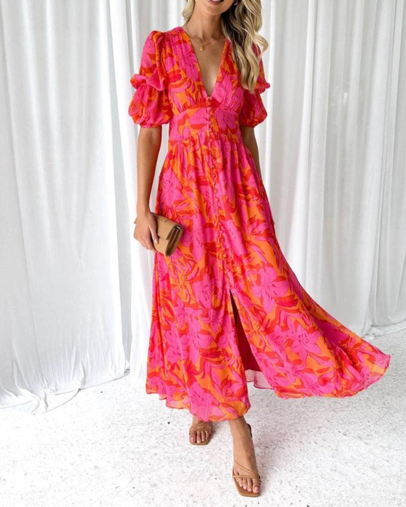 Alva - Elegant V-neck Puff Sleeve Maxi Dress