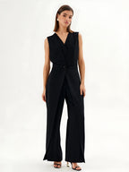 Black Sleeveless Wrap-Effect Wide-Leg Jumpsuit