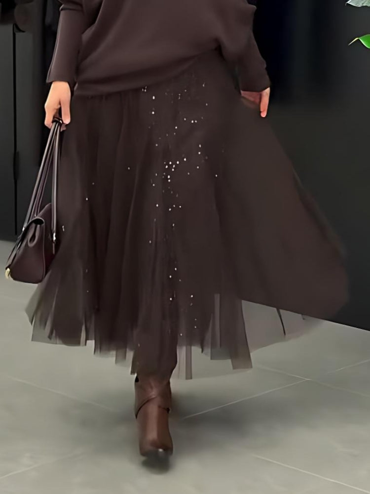 Brown Knit Sweater & Sequin Tulle Maxi Skirt Set
