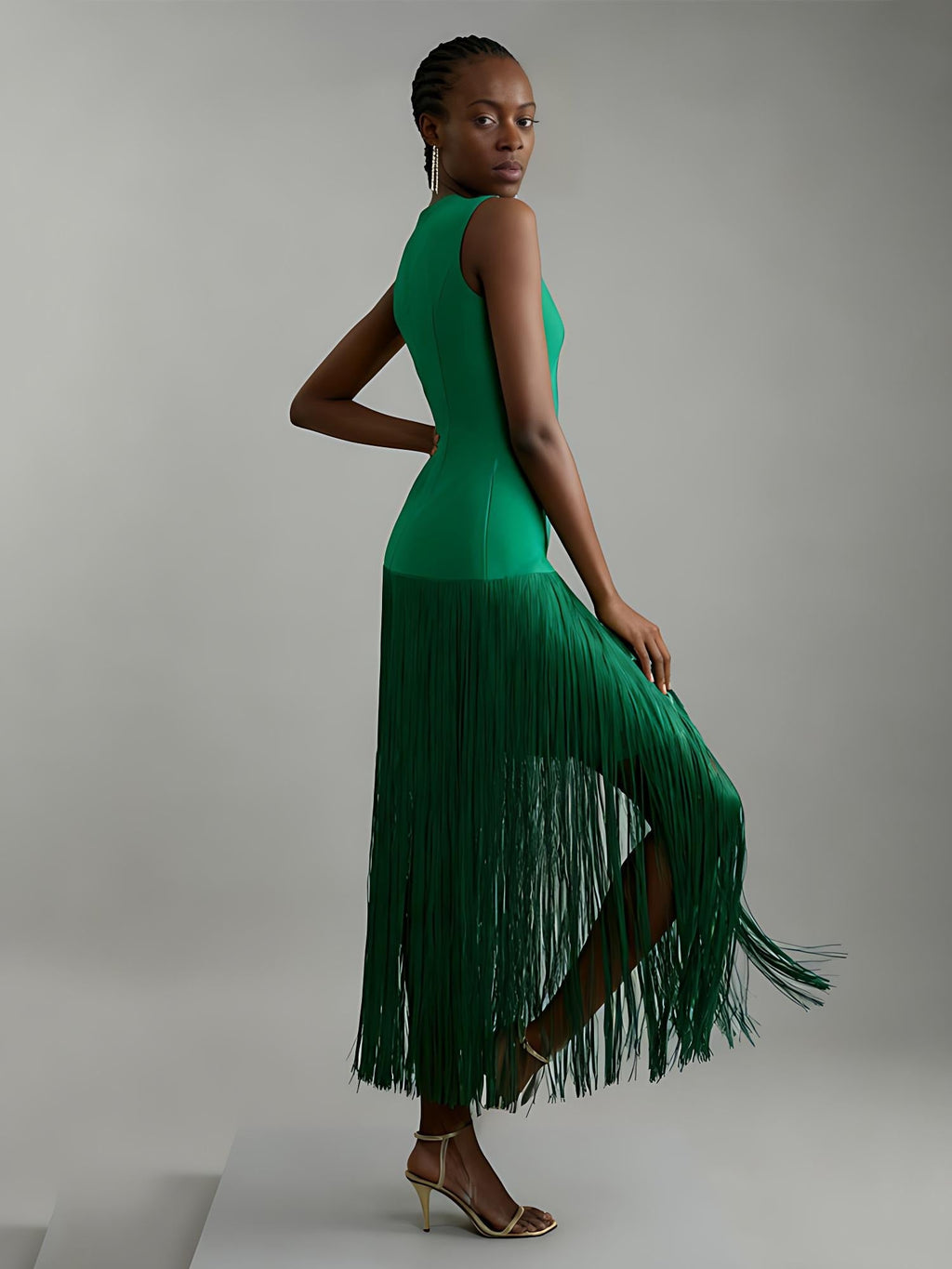 Fringe-Hem Sleeveless Knit Midi Dress