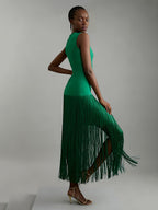 Fringe-Hem Sleeveless Knit Midi Dress