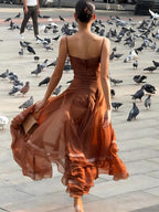 Caramel Chiffon Lace-Trim Midi Dress