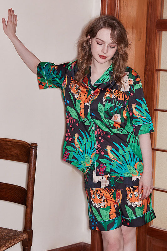 Tiger and Monkey Print Ice-Sleeve Loungewear Set