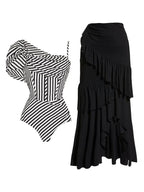 Off Shoulder Striped Print Swimsuit Set