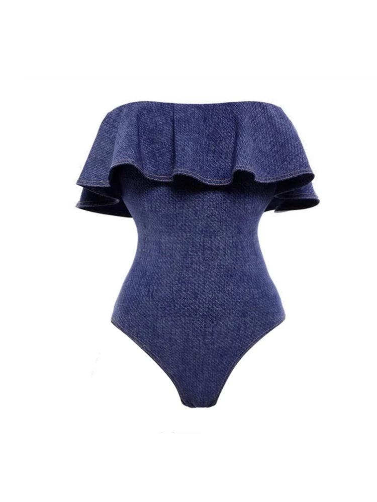 Denim Bandeau One Piece Swimsuit Set