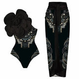 Floral Print One-Piece with 3D Black Flower