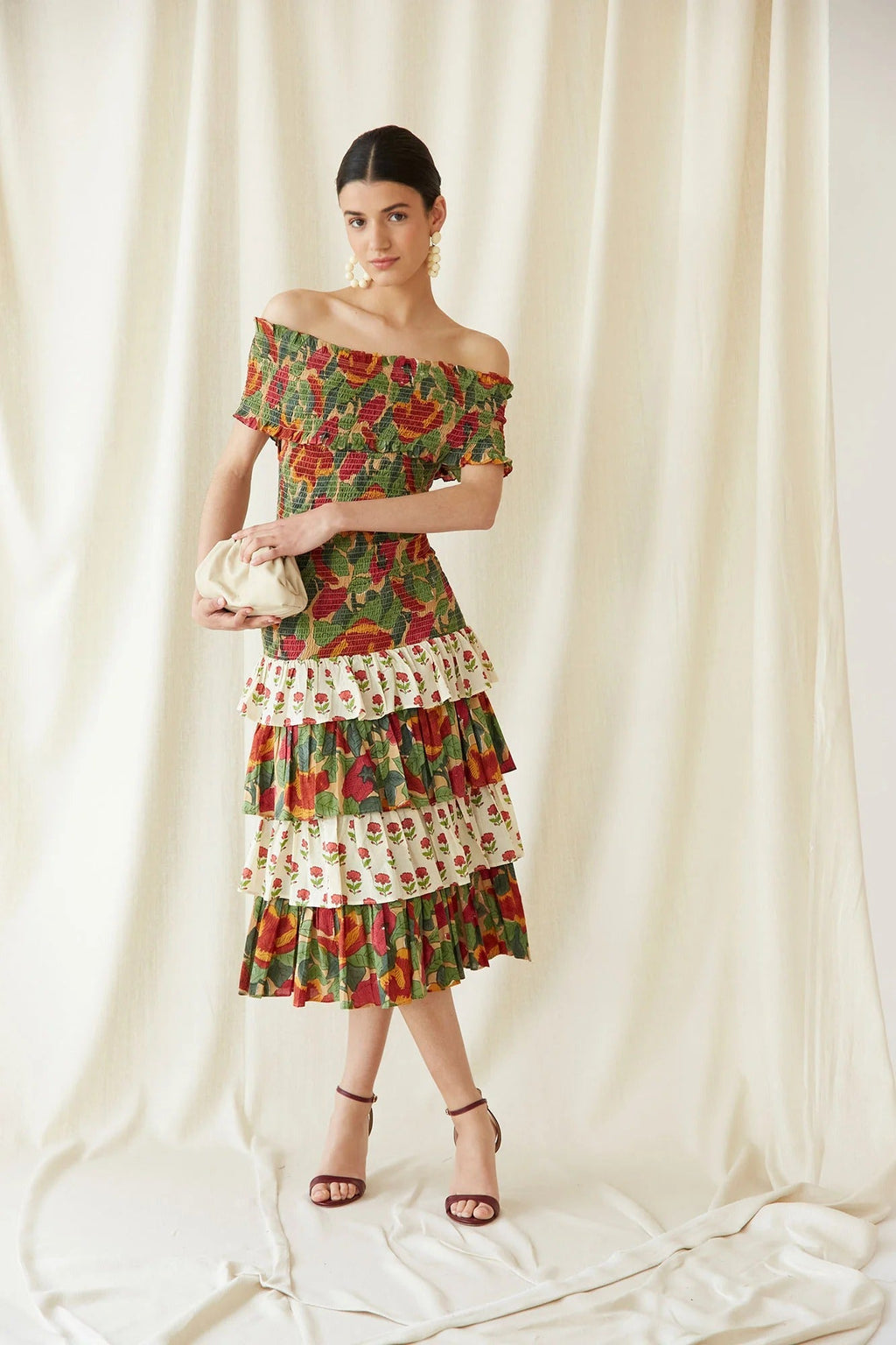 Multicolor May Midi Dress – Bardot Floral Midi Elegance