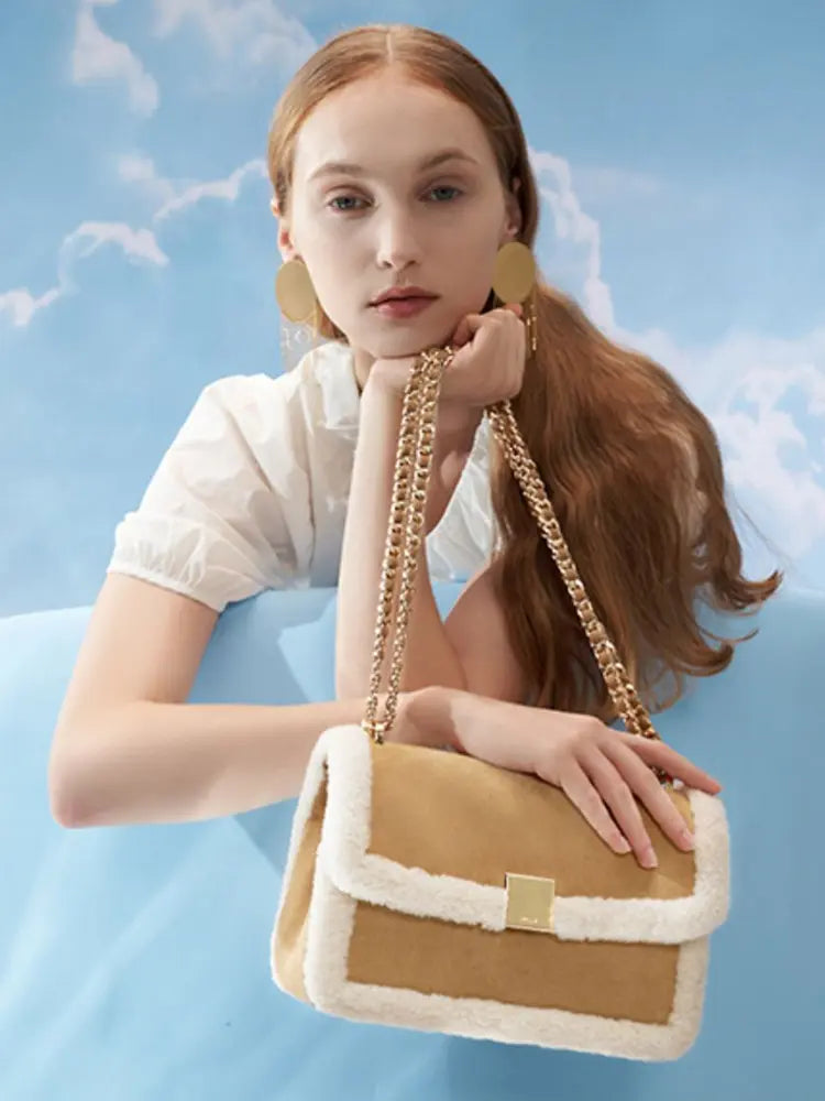 Vintage Shearling Leather Shoulder Crossbody Bag