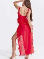 Ruffled Long Maxi Slip Dress - Red