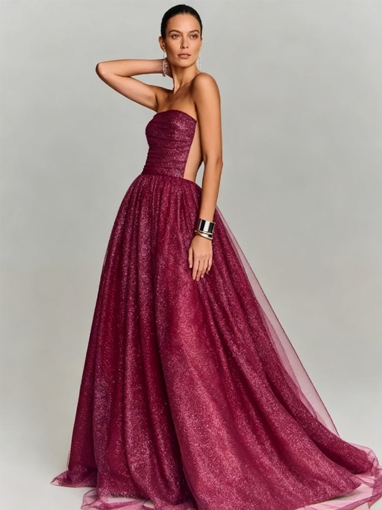 Ruched Bodice Glitter Tulle Maxi Gown With Petticoat