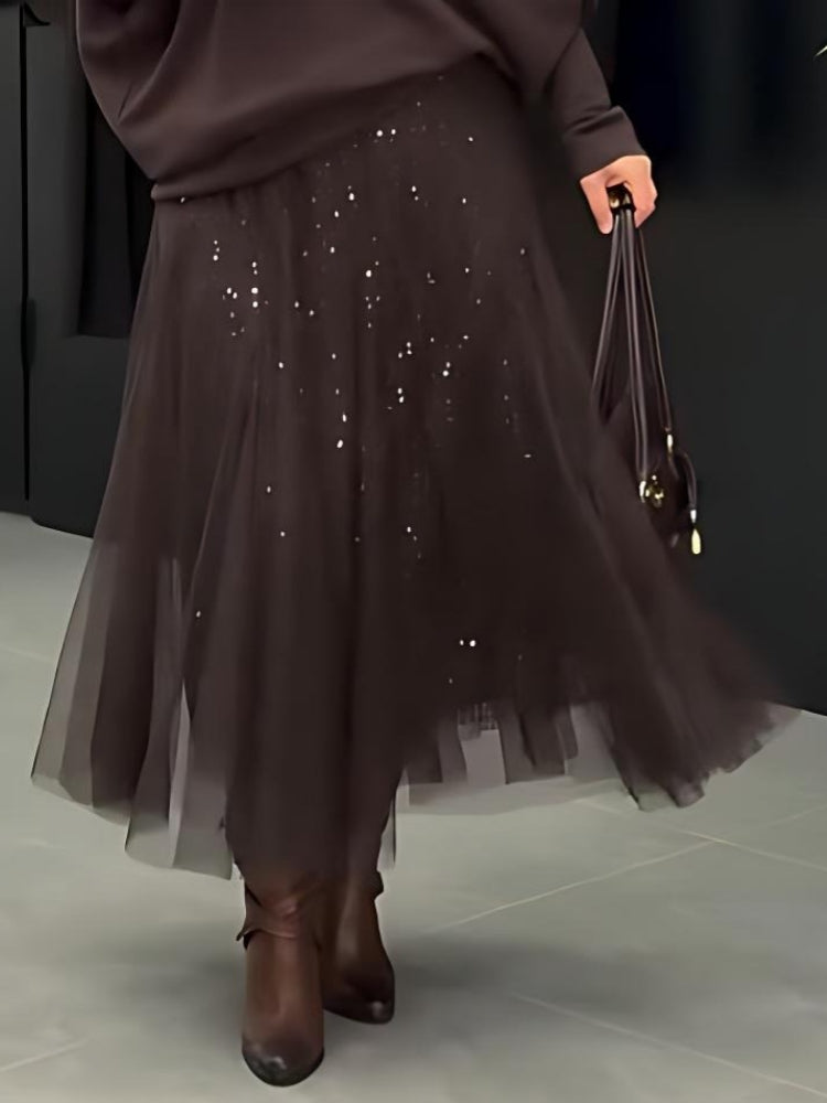 Brown Knit Sweater & Sequin Tulle Maxi Skirt Set
