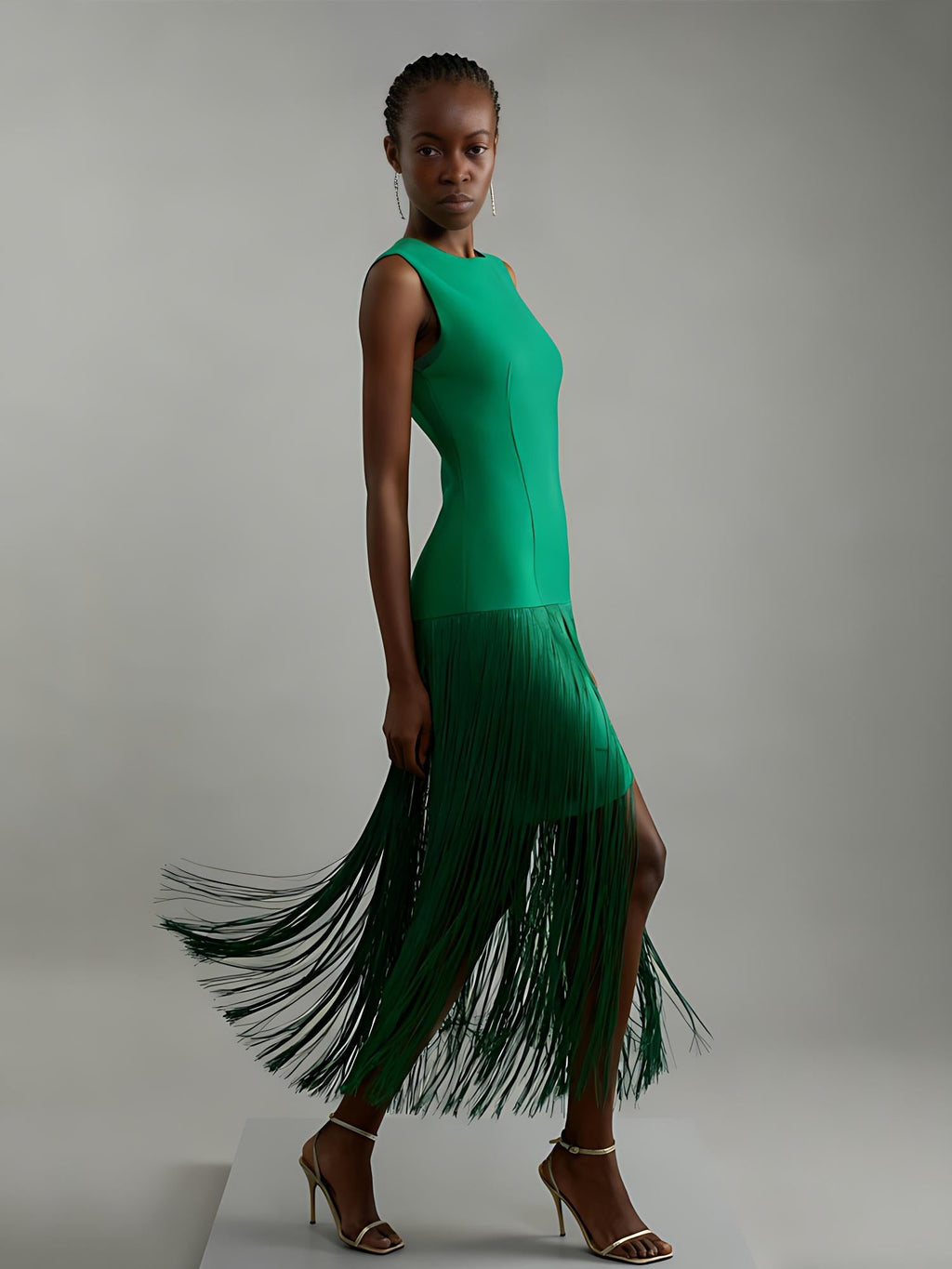 Fringe-Hem Sleeveless Knit Midi Dress
