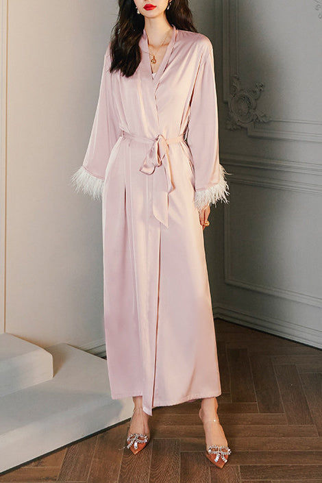 Feather Satin Kimono Robe