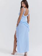 Ruffled Long Suspender Dress - Blue