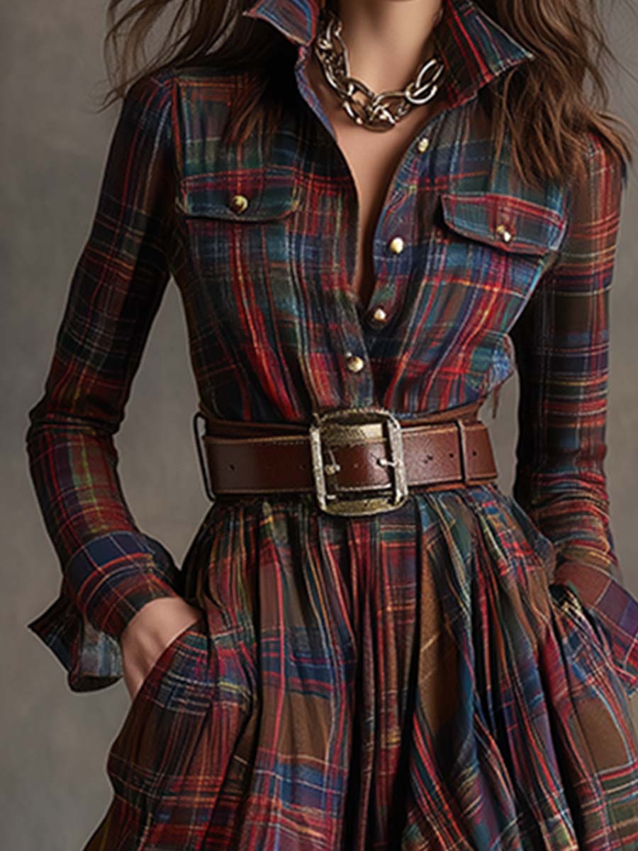 Retro Ethnic Style Lapel Reddish Brown Plaid Maxi Dress