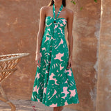 Loral Print Halter Maxi Dress-Green