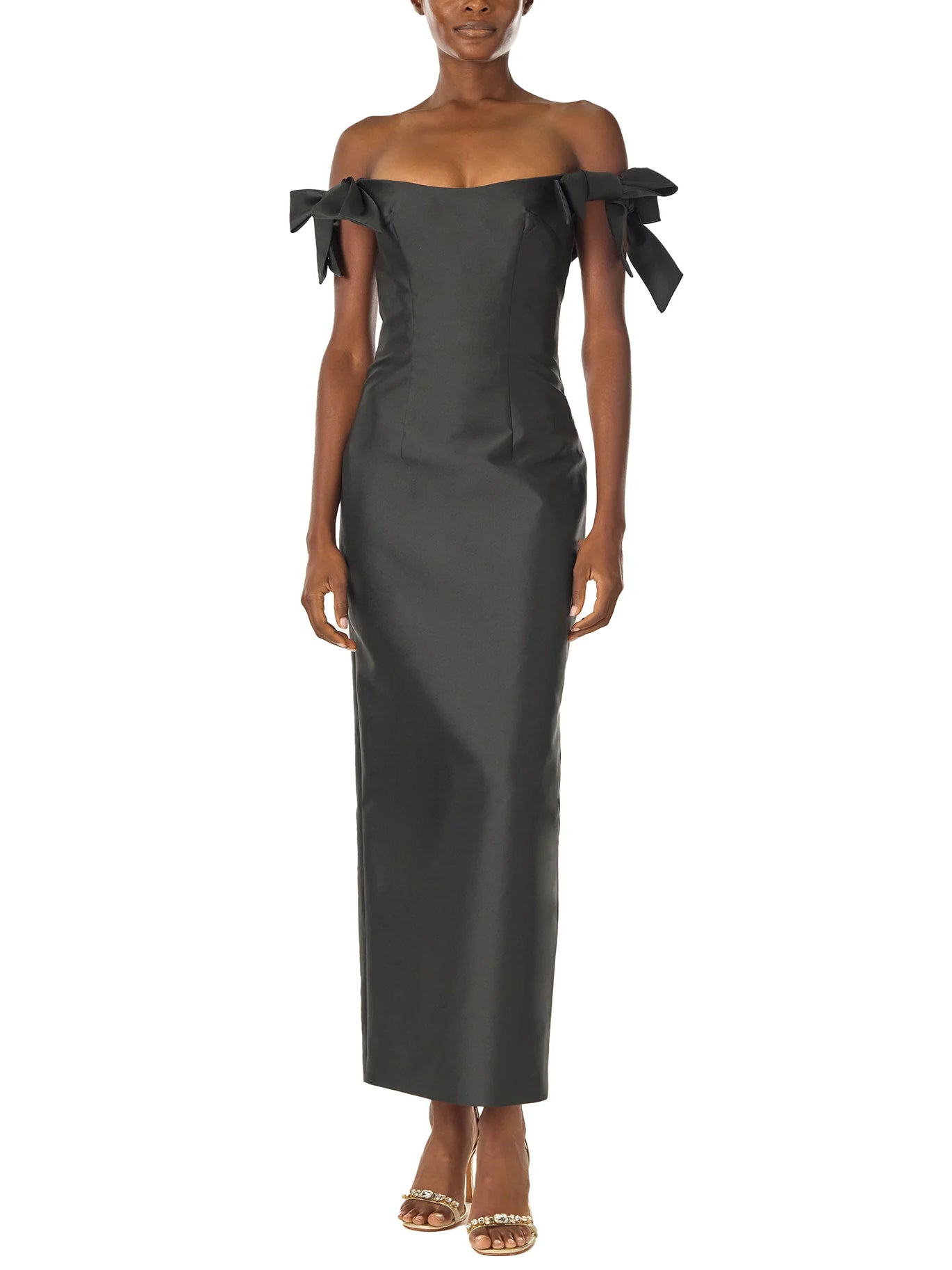 Bow Sleeve Off-Shoulder Midi Dress – Sleek, Feminine Elegance