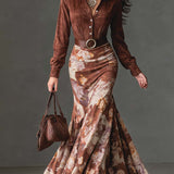 Vintage Floral Flare Hem Polyester Suede Maxi Dress
