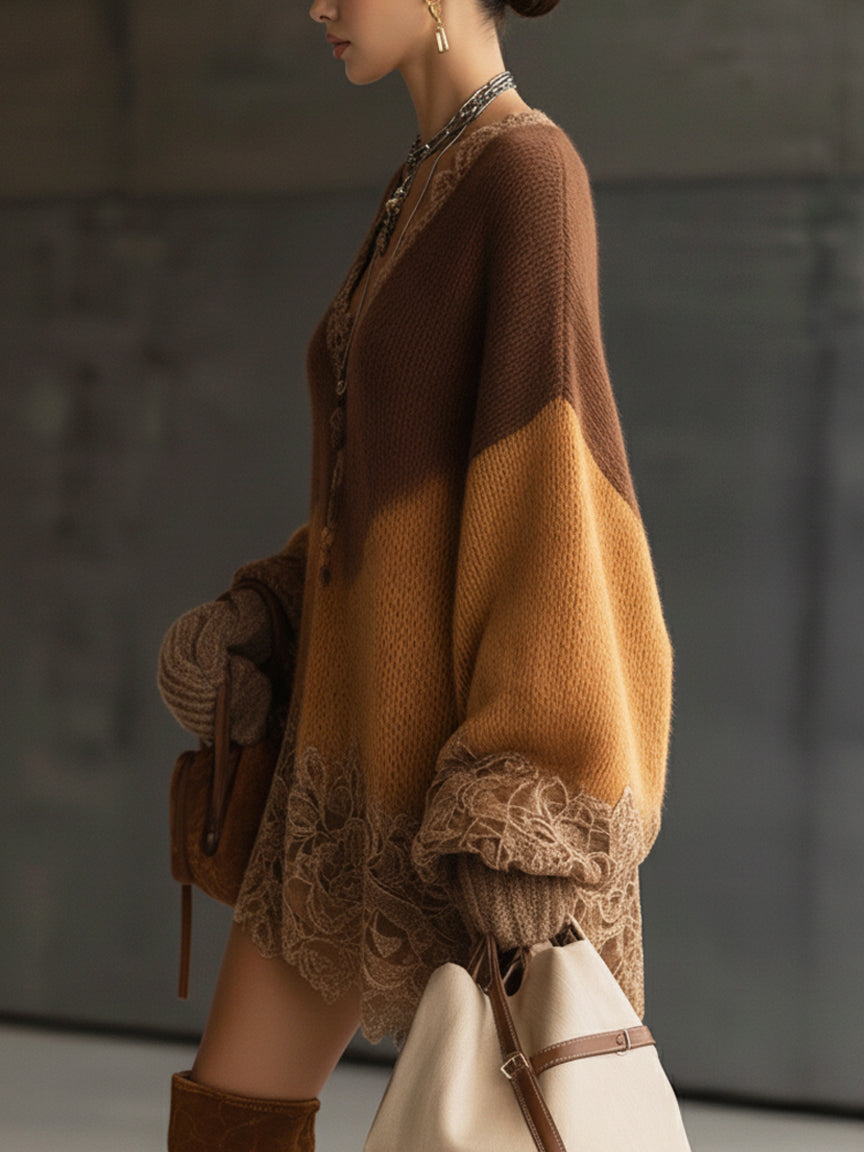 Brown Ombre Knit Lace Oversized Long Sleeve Mini Dress