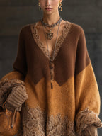 Brown Ombre Knit Lace Oversized Long Sleeve Mini Dress