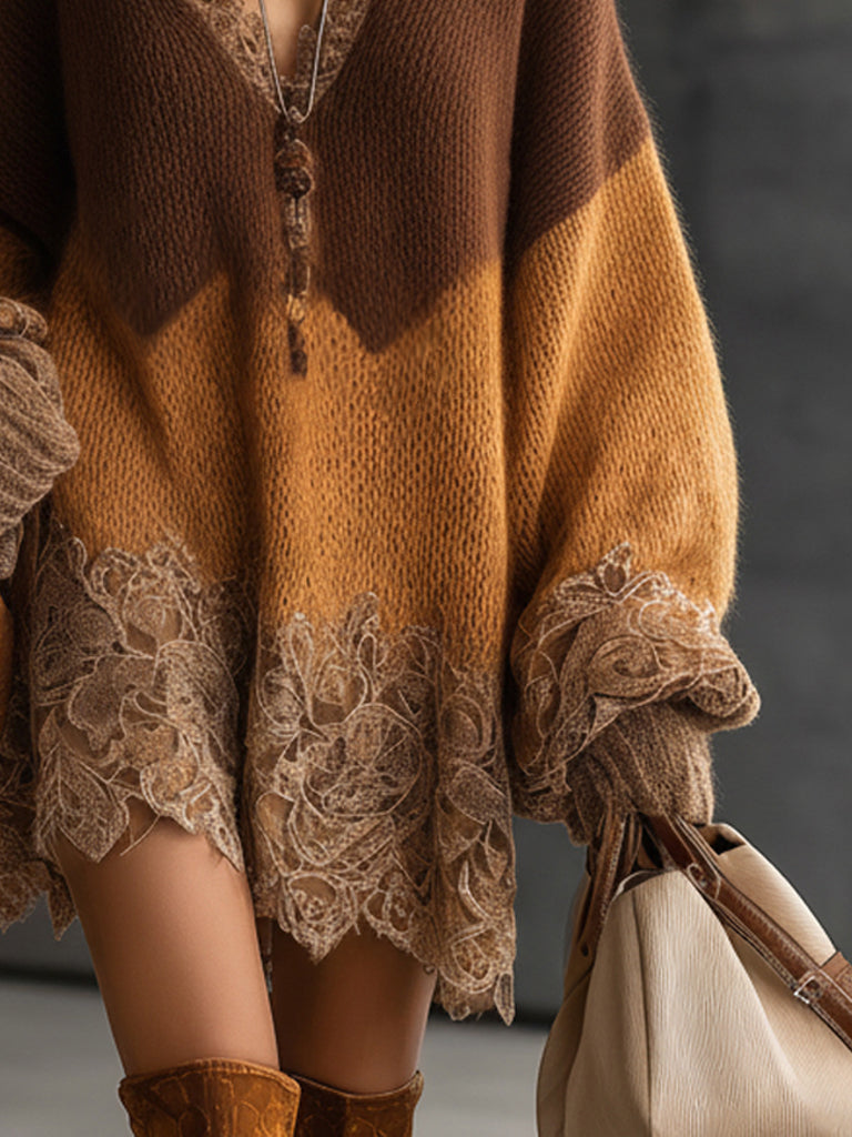 Brown Ombre Knit Lace Oversized Long Sleeve Mini Dress