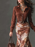 Vintage Floral Flare Hem Polyester Suede Maxi Dress