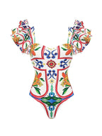 Ruffle Enamel Floral Print Swimsuit Set