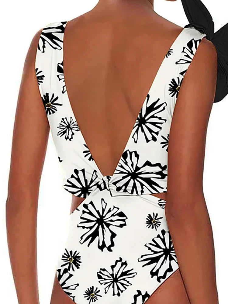 Floral Appliqué Printed White One-Piece Swimsuit
