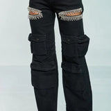 Cut Out Rhinestone Cargo Jeans