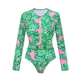 Green Zip Long Sleeve Printed Surf Swimsuit Set