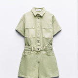 Mini Denim Cuffed-Romper-Green
