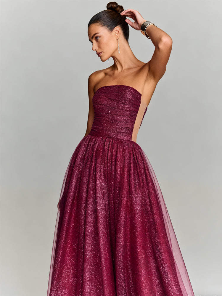Ruched Bodice Glitter Tulle Maxi Gown With Petticoat