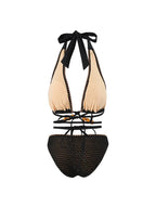 Beaded Knit Tie-String Black Bikini Set