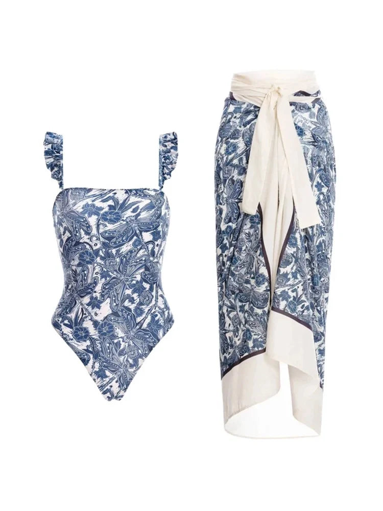 Blue Dragonfly Ruffle One-Piece Swimsuit