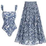 Blue Dragonfly Ruffle Skirt Swimsuit Set