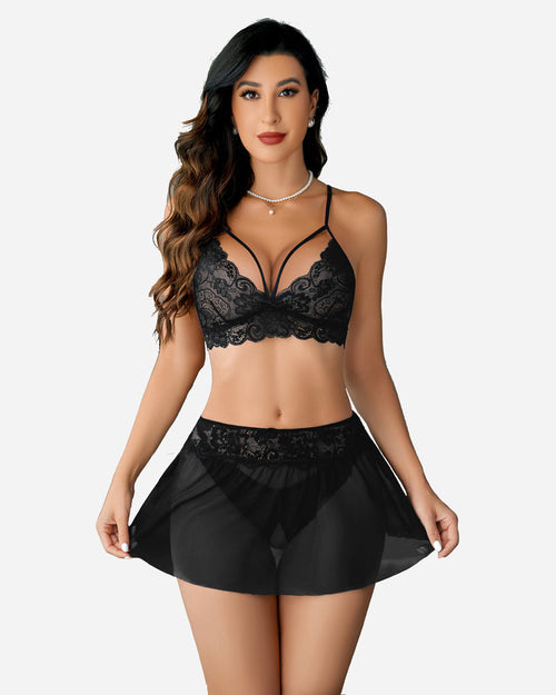 3 Piece Sets Lace Bralette, Skirt with Panty